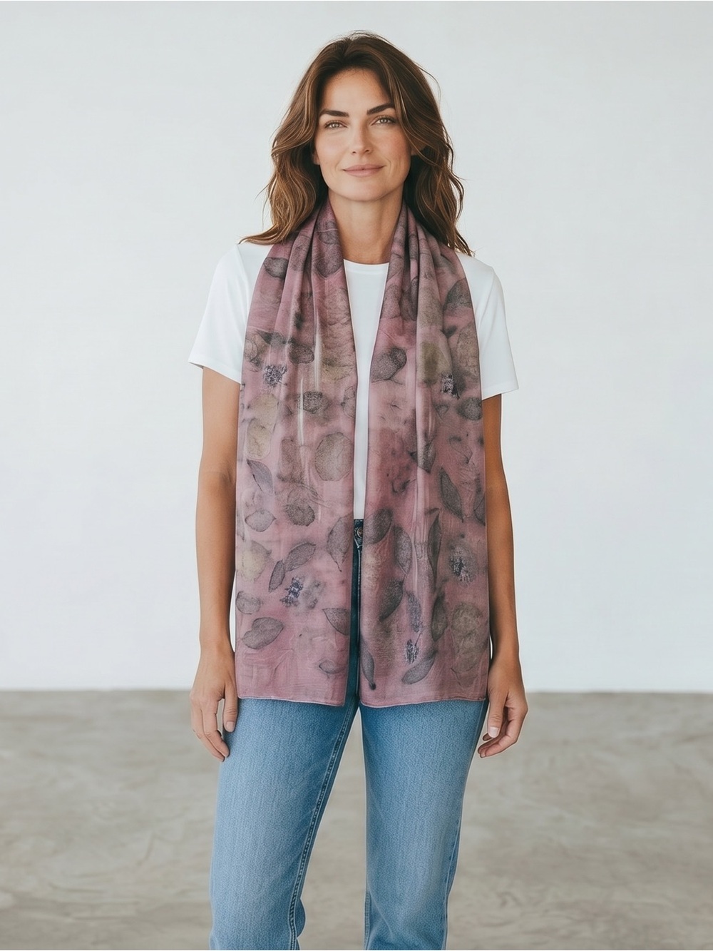 New 100% Silk Hand Dyed Leaves Ecoprint Rectangle Scarf 10'' x 56''